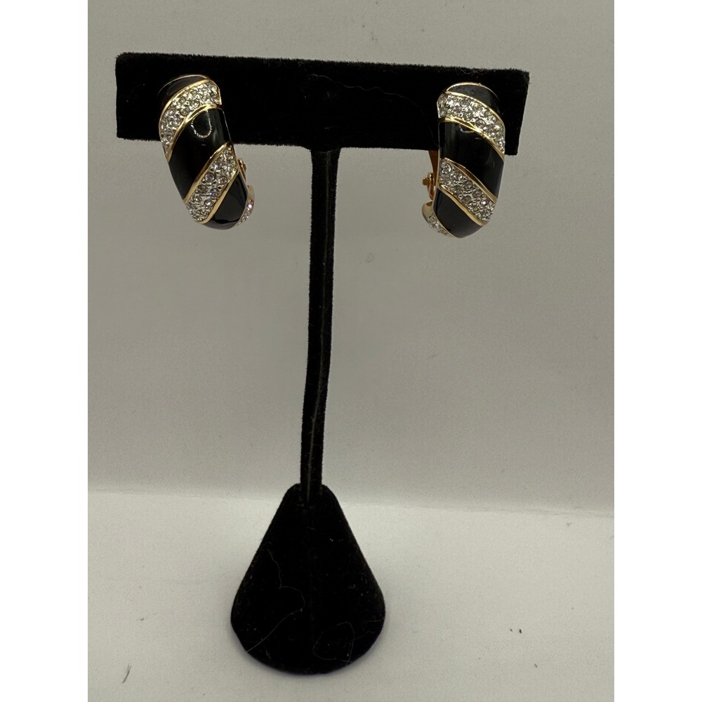 VTG‎ Swarovski Gold Tone Black Enamel Rhinestone Half Hoop Clip On Earrings